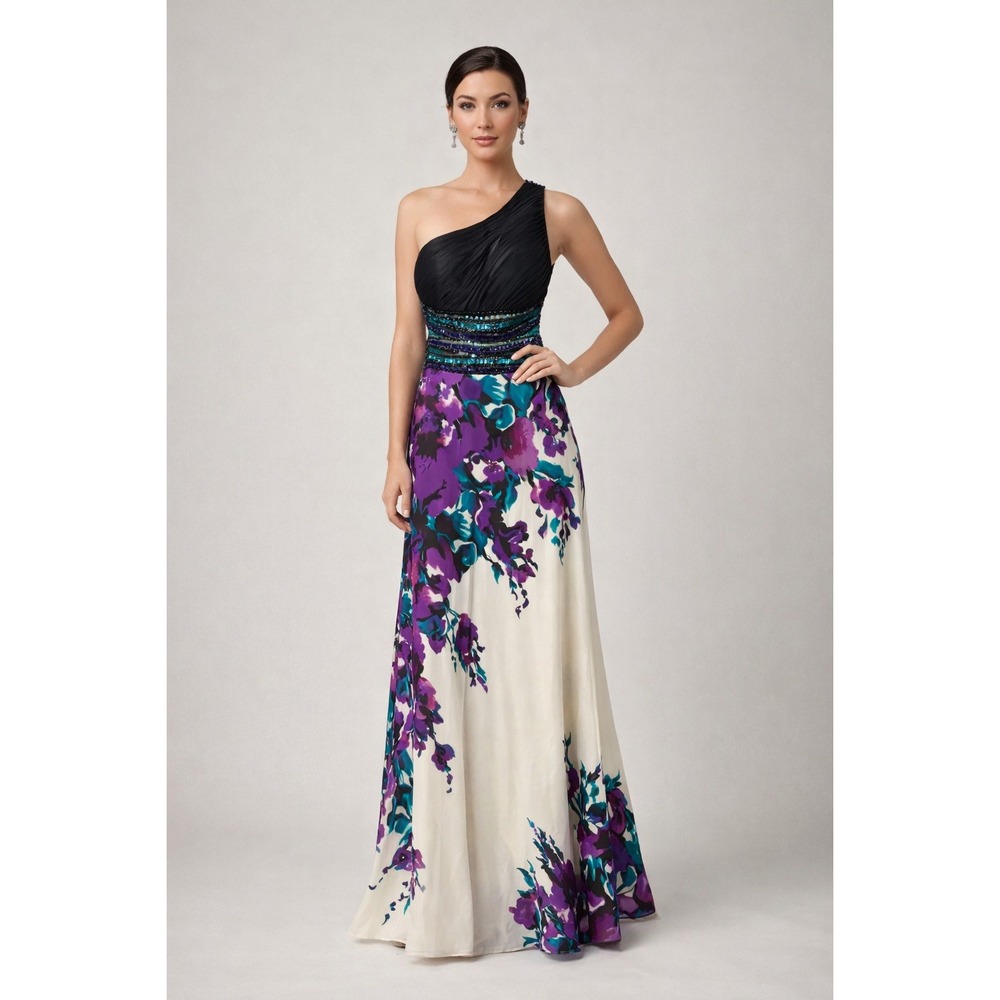 Cache‎ One Shoulder Floral Sequin Evening Gown Maxi Dress Size 2 Striking *